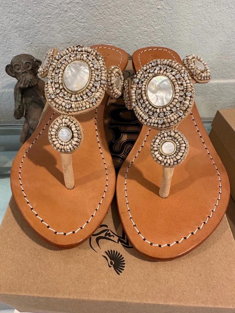 Mystique mini wedge beaded pearl sandals (size 7)